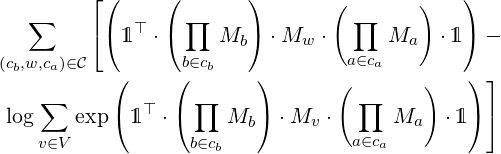    ∑     ⌊(     ( ∏     )       ( ∏     )    )
         ⌈( 1⊤ ⋅(    Mb ) ⋅Mw  ⋅     Ma   ⋅1 ) -
(cb,w,ca)∈C         b∈cb            a∈ca
           (     (       )      (        )   ) ⌋
    ∑      (  ⊤  ( ∏     )        ∏          ) ⌉
 log    exp   1  ⋅     Mb   ⋅Mv ⋅      Ma   ⋅1
    v∈V           b∈cb            a∈ca 